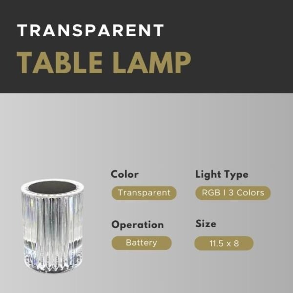 Detailed specs of transparent table lamp: 11.5 x 8, RGB/3-color, acrylic.