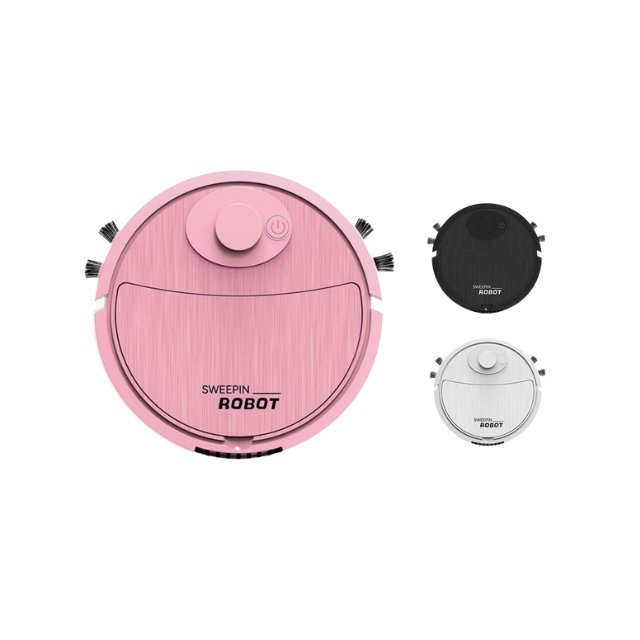 Stylish robot cleaner in black, white, pink.