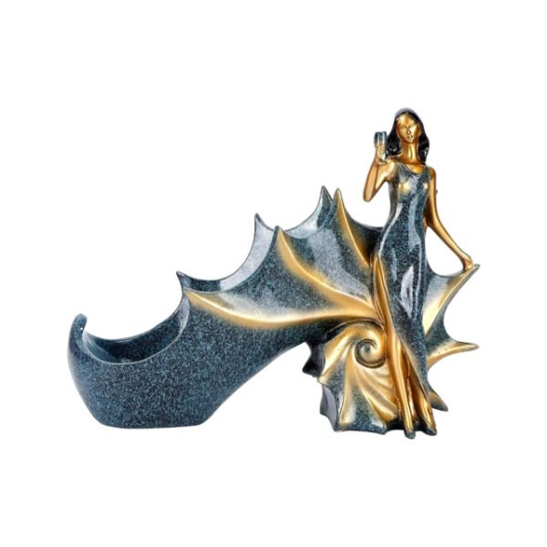 Sea snail wine rack in blue with artistic woman holding cup and one bottle capacity.