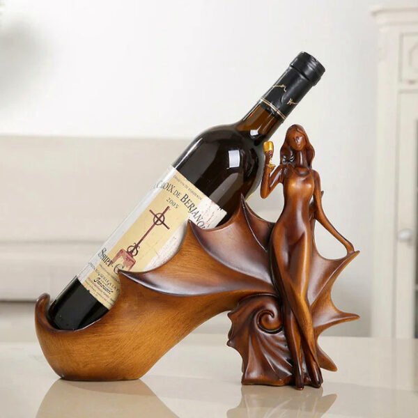 Sea snail wine rack in wood with sculptural woman and sea snail, ideal for special occasions.