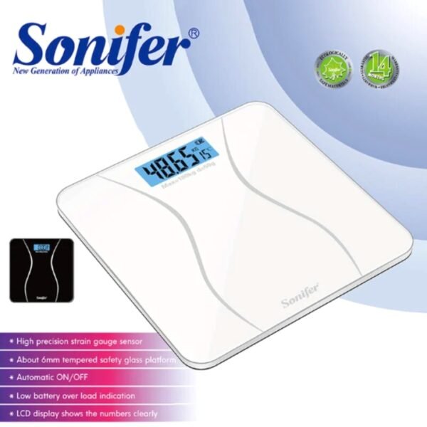 High precision Sonifer SF-1903 digital body scale in white, automatic on/off, 6mm tempered safety glass.