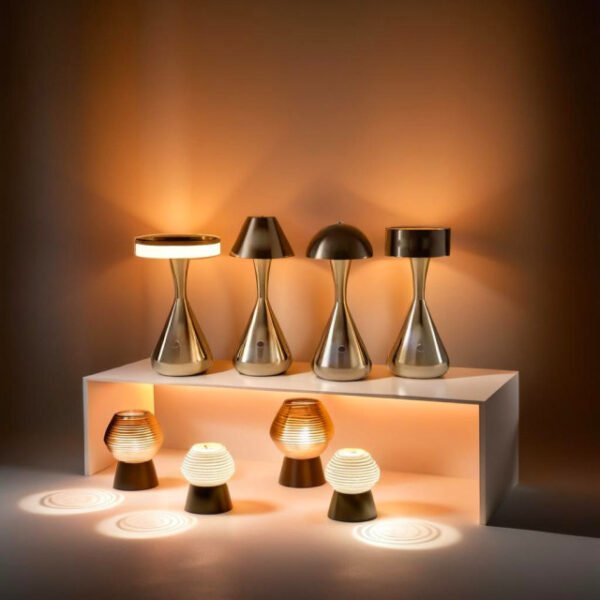 Four bronze conical table lamps casting warm light for a modern and inviting ambiance.