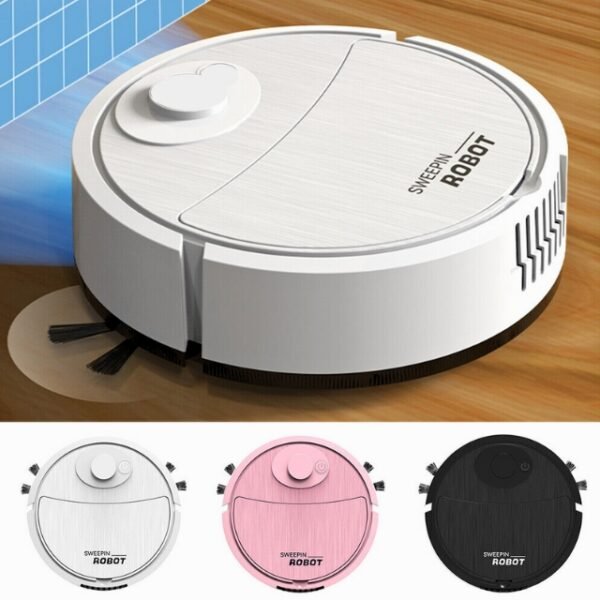 Robot cleaner on wooden floor, black, white, pink.