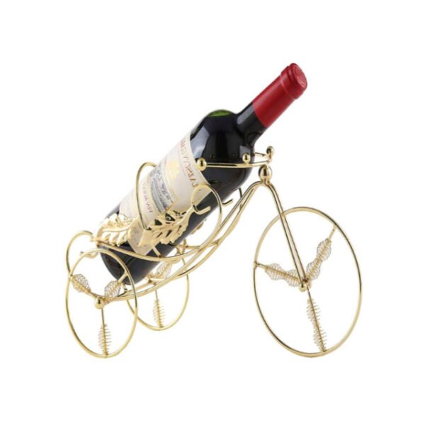 Tricycle wine rack with a secure hold and stylish gold finish against a white background.