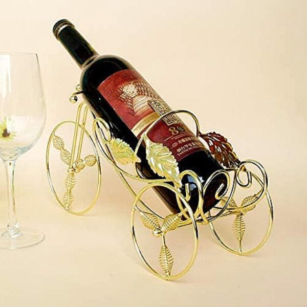 Tricycle wine rack displaying a wine bottle, ideal gift for wine lovers.