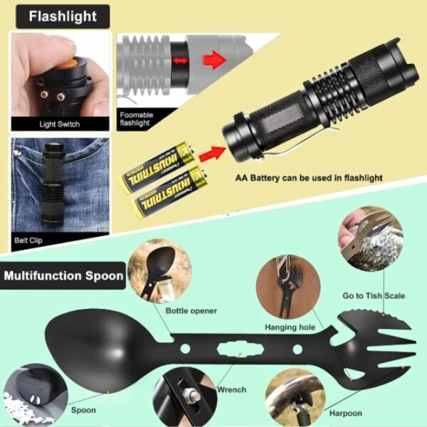 Emergency Flashlight and Multifunctional Spoon.