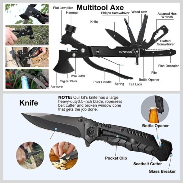 Stay prepared with our 14-in-1 Survival Camping Kit, featuring essential tools for outdoor escapades. Whether it's a tactical knife or a versatile hatchet, we've got you covered.