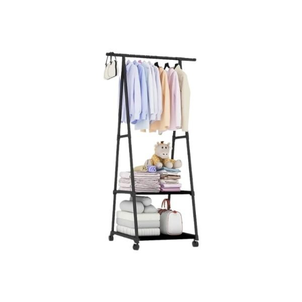 2-layer triangle clothes rack with garments.