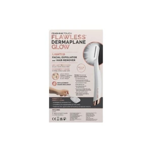 Flawless Dermaplane Glow label package, product details on a clean background.