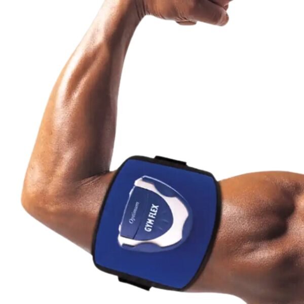 Man flexing arm with Gym Flex Optimum Belt for therapeutic and toning effects.