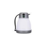 Stylish gray camping lamp with lanyard.