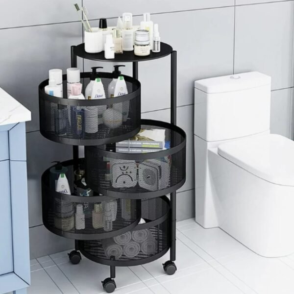 Black Metal Storage Rack with 4 Layers in Organized Bathroom.