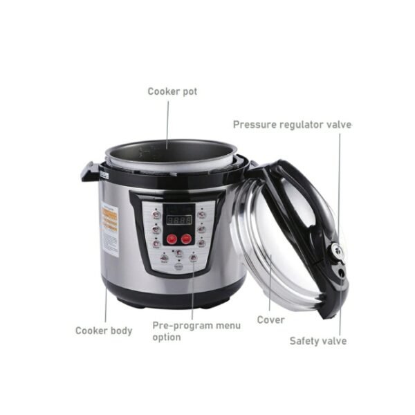 Stainless Steel Silvercrest Pressure Cooker with Pre-Programmed Menu.