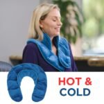 Woman happily using the Weighted Neck Wrap for hot and cold therapies.