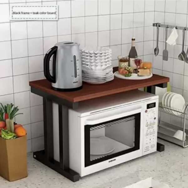 Dark brown Wooden kitchen storage rack over microwave.