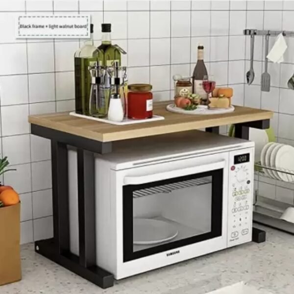 Light brown Wooden kitchen storage rack on a counter.