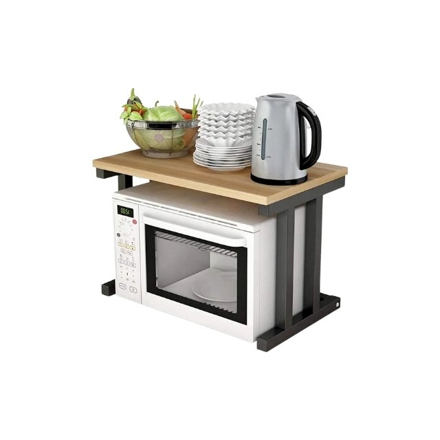 Wooden kitchen storage rack with smart space-saving design.