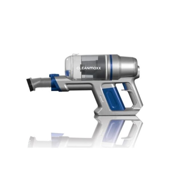 Sleek gray Cleanmaxx 22.2V Vacuum Cleaner on a white background – compact, rechargeable, and loaded with attachments.