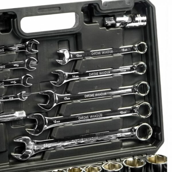 Detailed View: Many Wrenches and Sizes in KingQueen 82-Piece Tool Set.