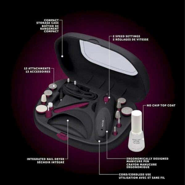 Portable Revlon manicure kit with various attachments and 2 speeds.