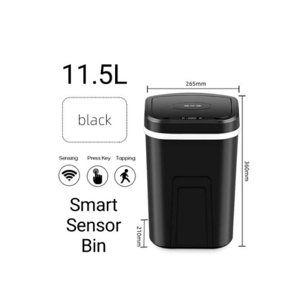 Black smart sensor trash bin with 11.5L capacity and multiple operation modes.