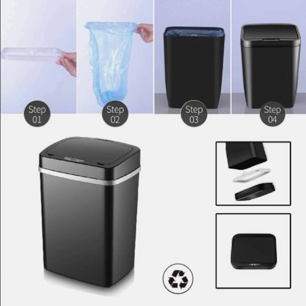 Step-by-step guide on using smart sensor trash bin from 1-4.