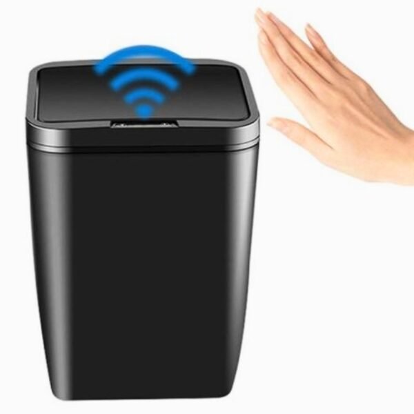 Woman's hand approaching smart sensor trash bin for demonstration.