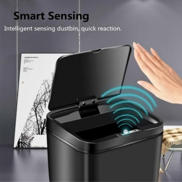 Lightweight and portable black smart sensor trash bin.