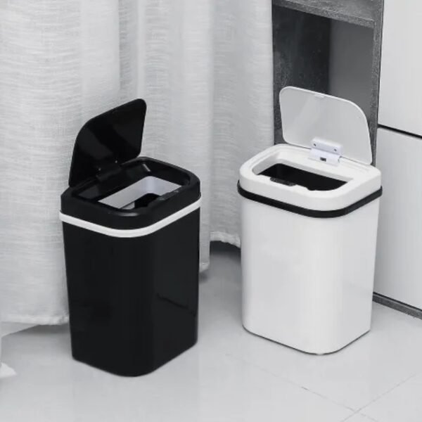 Black and white smart sensor trash bins side-by-side.