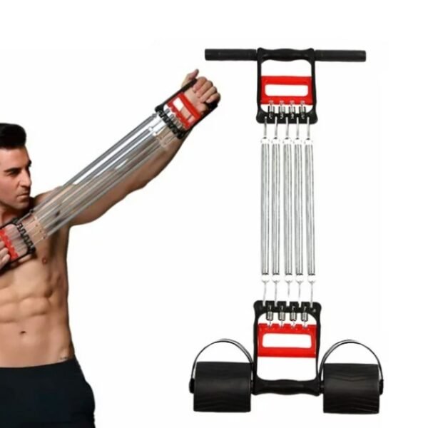 Spring Chest Expander displayed with man stretching on white background.