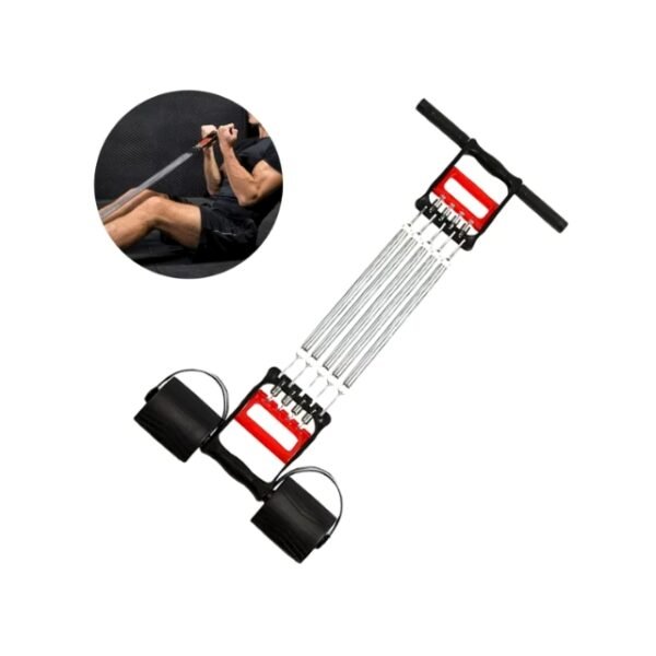 Man using Spring Chest Expander to target biceps on white background.