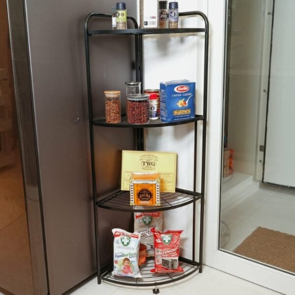 Elegant storage: 4-tier corner shelf in a tidy kitchen.