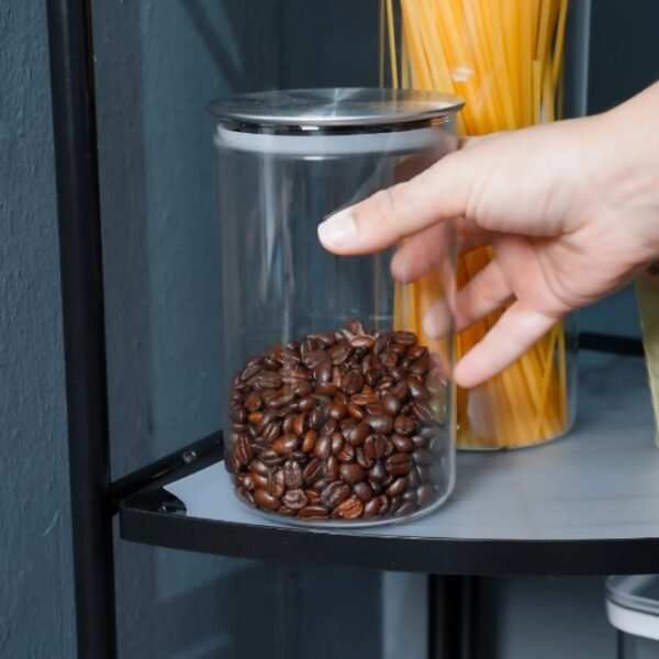 Woman accessing coffee container from our 4-tier shelf.