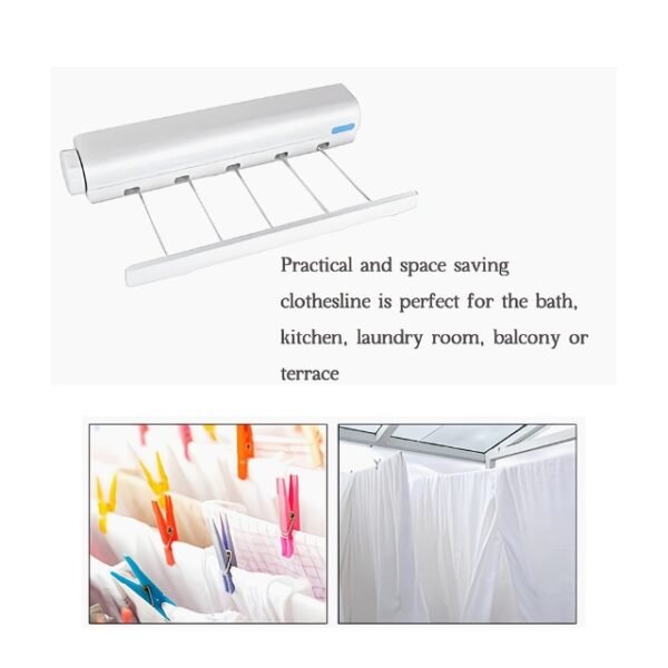 Practical and space-saving laundry clothesline for baths, kitchens, and balconies.