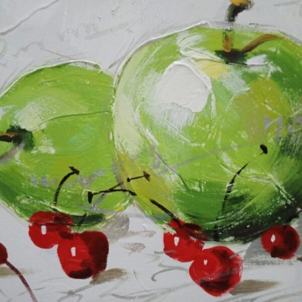 Close-up view of paint texture on apples and cherries canvas.