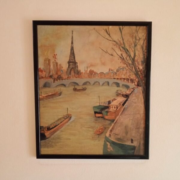 Autumn in Paris painting displayed on wall with black border.