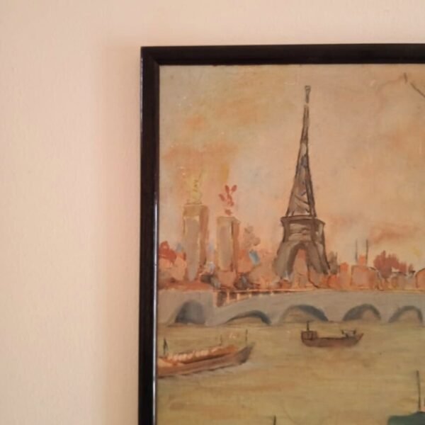 Top left corner features Eiffel Tower in acrylic paint.