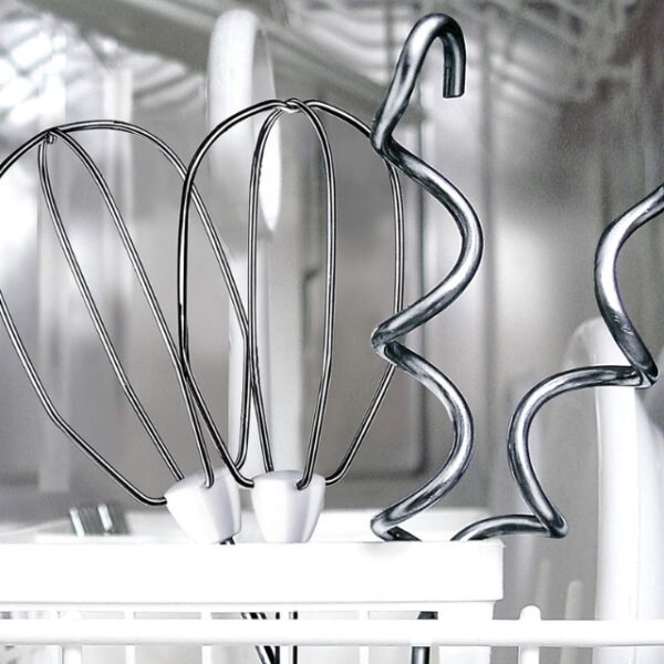 Rust-resistant stainless steel beater and whisk attachments for Bosch hand mixer.