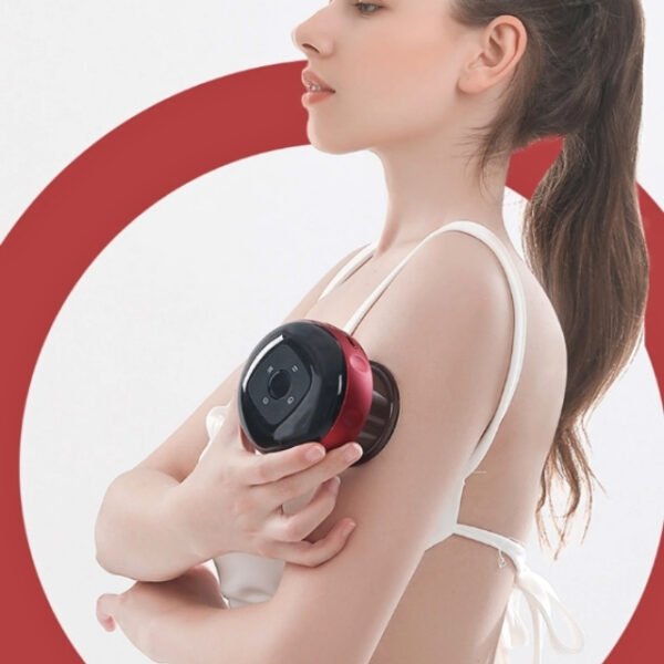 Woman using cupping massage instrument to relieve arm pain.