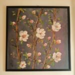 Tranquil 65x65 cm floral portrait on living room wall. Nature art in acrylic paint.