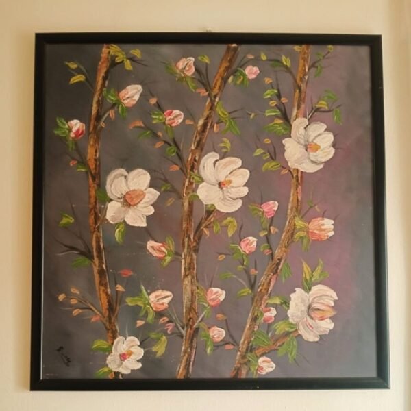 Tranquil 65x65 cm floral portrait on living room wall. Nature art in acrylic paint.