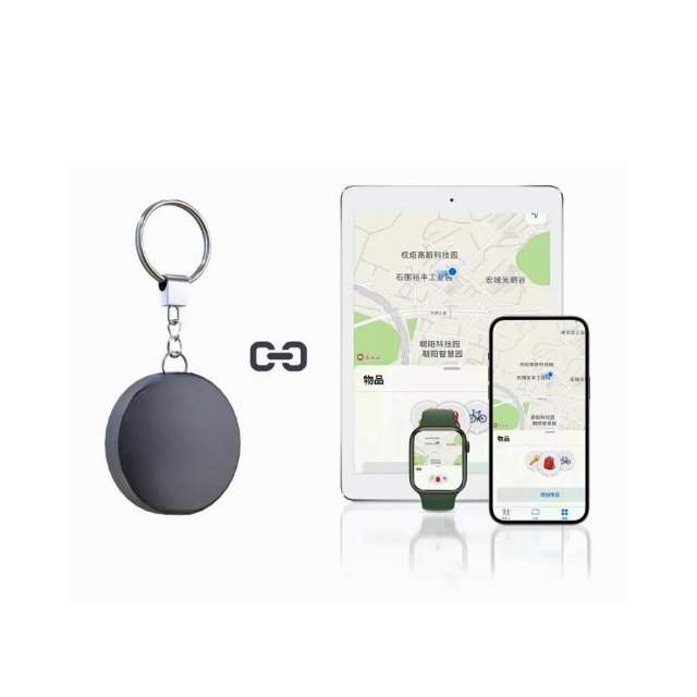 GPS Locator Tag showcased beside an open Google Maps on a smartphone and a smartwatch for versatility.