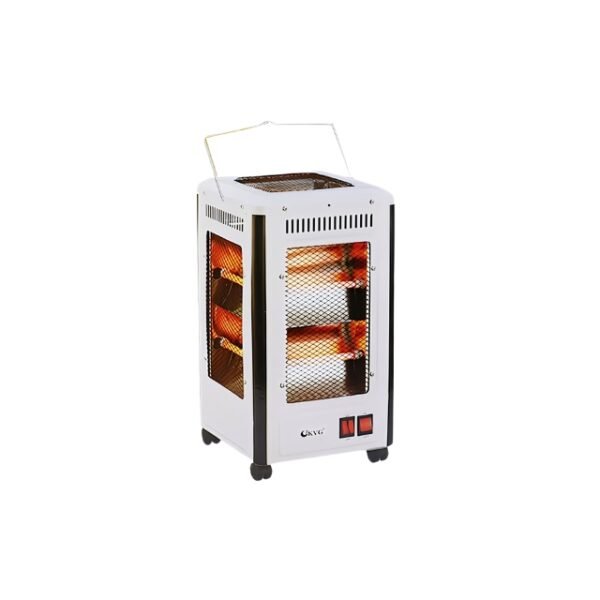 KVG electric quartz heater with 8 tubes, 2000w power, movable wheels, stylish white.