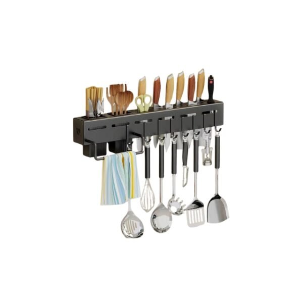 Sleek and sturdy steel kitchen utensil storage rack on a white background, featuring multiple hooks for convenient utensil storage.