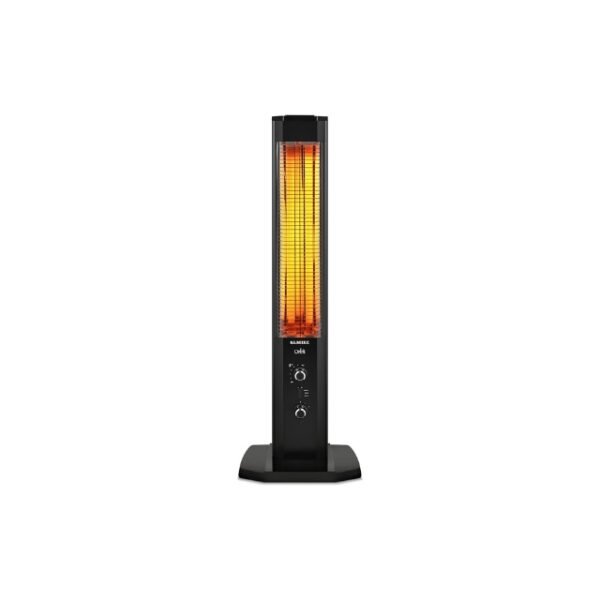 Kumtel Stand Heater in Black with 1200W Power Controls on White Background.