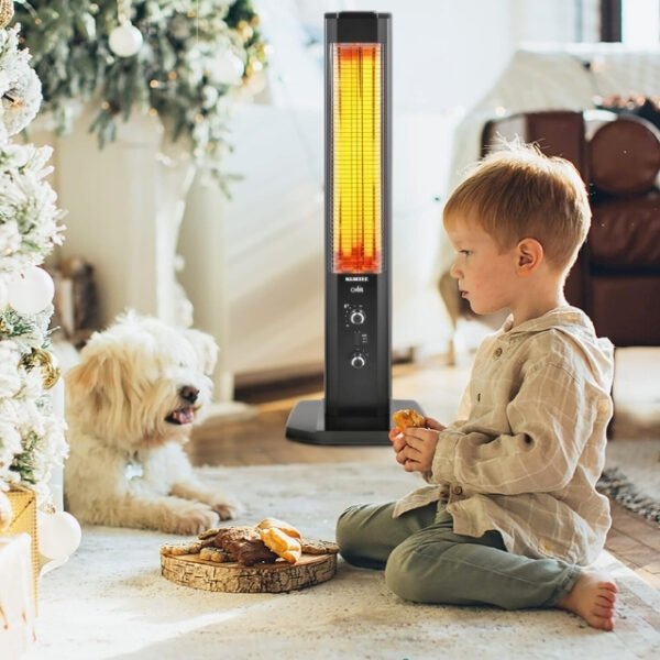 Warm Living Room Scene: Kumtel Stand Heater in Action with Child and Puppy.