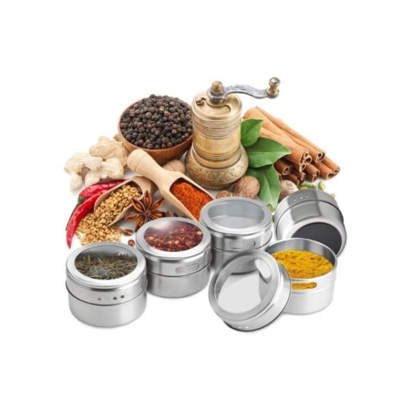 Spice Variety Guarded: 12 Stainless Magnetic Containers.