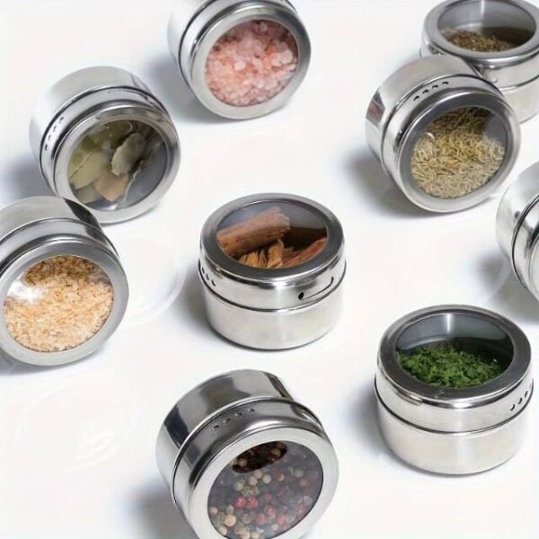 Silver Magnetic Spice Holders Showcasing Spice Variety.