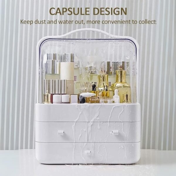 Capsule design makeup storage box insulating interior, protecting makeup from dust and water.