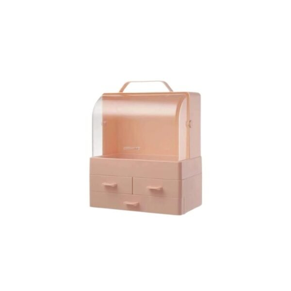 Stylish pink makeup storage box on a white background, showcasing size, design, and modernity.